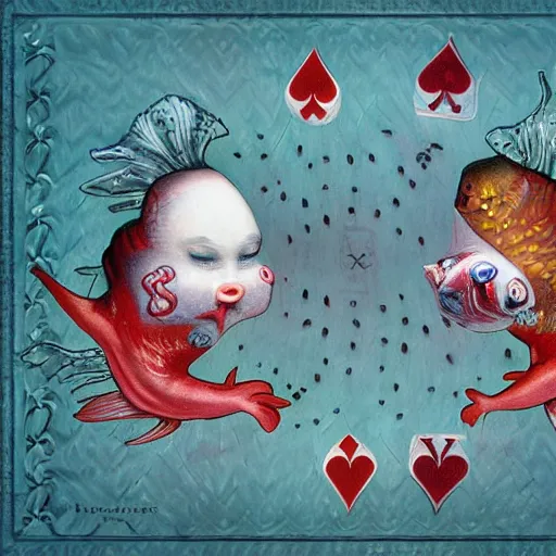 Image similar to two fishes playing cards at the bottom of the sea, lowbrow surrealistic, in the style of mark ryden,