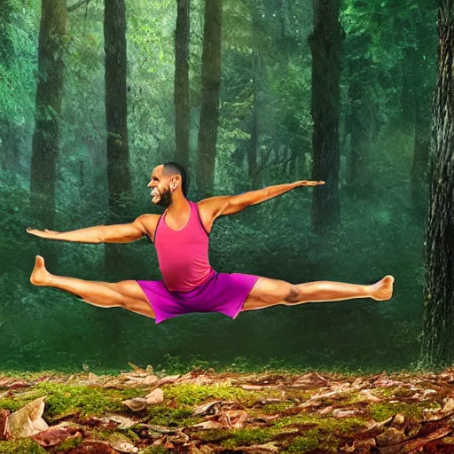 Image similar to lebron james doing yoga in the forest, realistic extremely detailed photo style painting, granular detail, holographic krypton ion, octane render, 4 k, f 3 2, 5 5 mm photography, wide angle