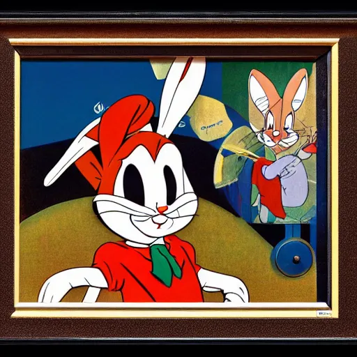 Prompt: bugs bunny portrait, rule of thirds, super sharp, 4 k, ultra detailed, norman rockwell, richard corben, epic scope.