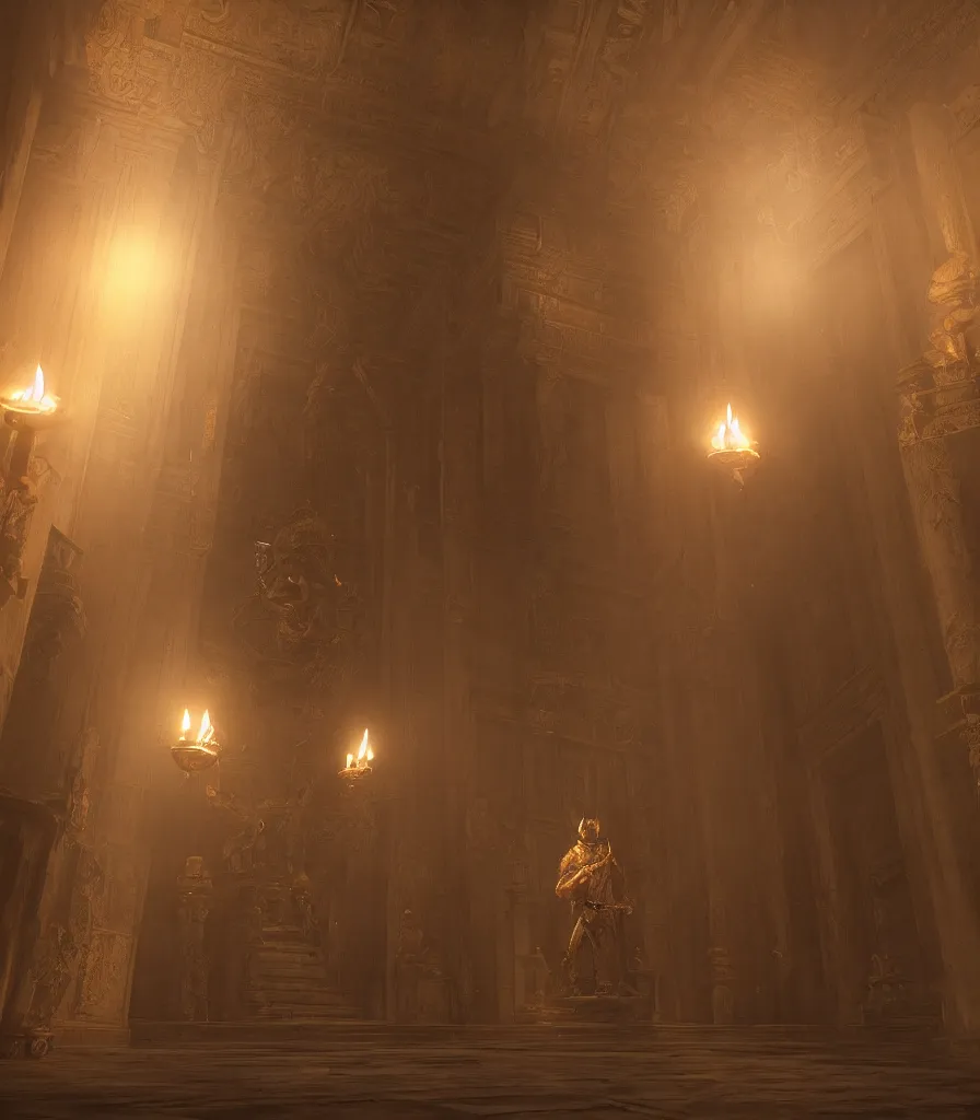 Prompt: The guardian of the temple holding a candle, standing in a hallway to a large magical room, Greg Rutskowski, Trending on Artstation, 4K, epic composition