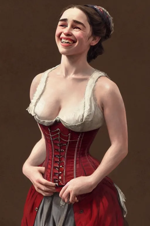 Image similar to Emilia Clarke smiling warmly in a 1800s American Corset in Red Dead Redemption anatomy, only two hands, highly detailed, digital painting, artstation, concept art, smooth, sharp focus, illustration, Unreal Engine 5, 8K, art by art by artgerm and greg rutkowski and edgar maxence