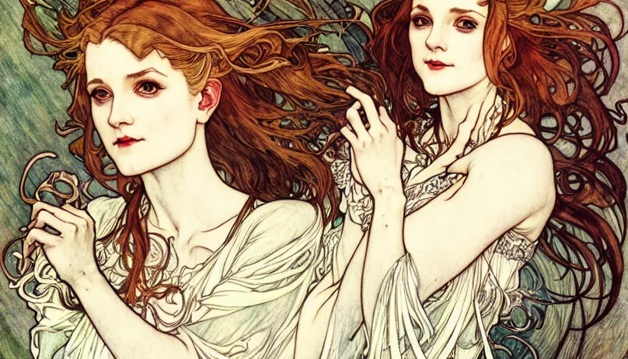 Image similar to in the style of artgerm, arthur rackham, alphonse mucha, evan rachel wood, symmetrical eyes, symmetrical face, flowing white dress, warm colors