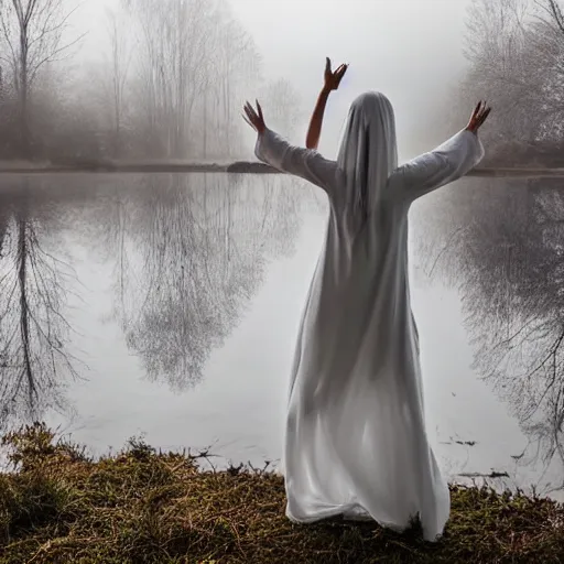 Prompt: a ghostly woman in a white dress rising soaking wet from a misty lake with outstretched arms, high resolution photograph, late autumn, sunset, eerie light