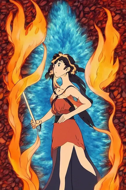 Image similar to beautiful goddess of fire stands in her power, in the style of studio ghibli