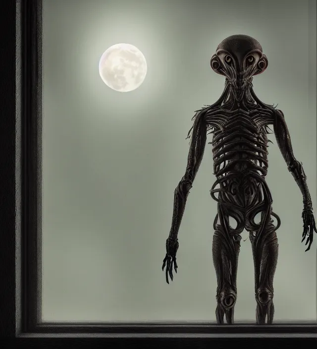 Image similar to a nightmare humanoid monster alien standing in front of a window, intricate spacesuit, moon light through the window, volumetric lighting, hyperealistic, 4 k, inspired by stephen king, inspired by lovecraft, inspired by jeffrey smith