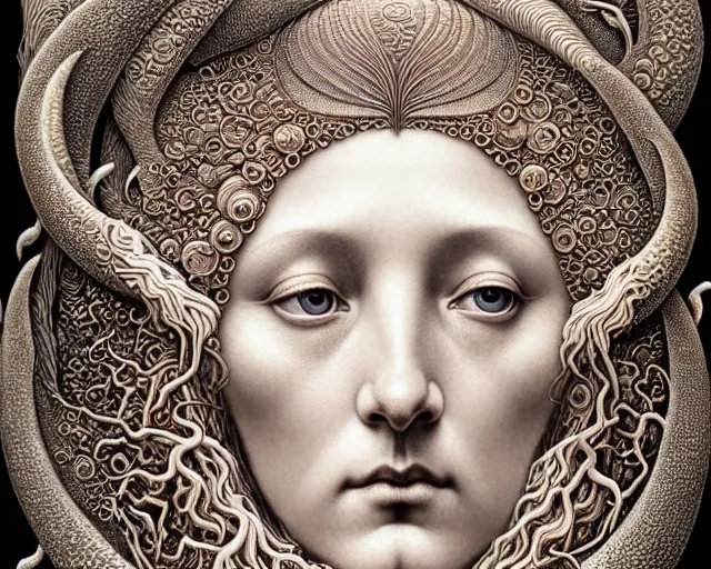 Image similar to detailed realistic beautiful moon goddess face portrait by jean delville, gustave dore, iris van herpen and marco mazzoni, art forms of nature by ernst haeckel, art nouveau, symbolist, visionary, gothic, neo - gothic, pre - raphaelite, fractal lace, intricate alien botanicals, ai biodiversity, surreality, hyperdetailed ultrasharp octane render