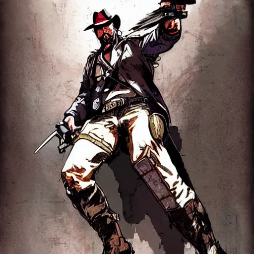 Prompt: a portrait of Arthur Morgan from Red Dead Redemption as a cyborg riding a cyborg horse, art by Yoji Shinkawa