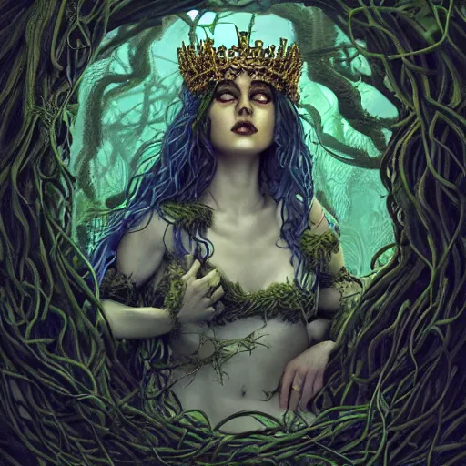 Prompt: dynamic portrait of the dark queen of snakes wearing a crown of vines, blue skin, realism, dark fantasy illustration, surrounded by snakes in a dead forest, dramatic lighting, octane render, artstation