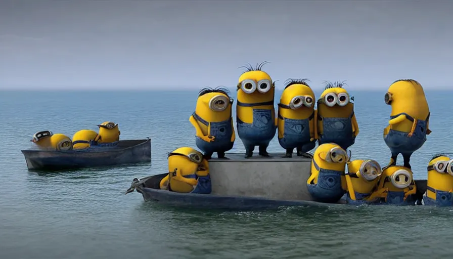 Image similar to “minions jumping out of boat into water on D-Day, 4k, cinematic, award winning”