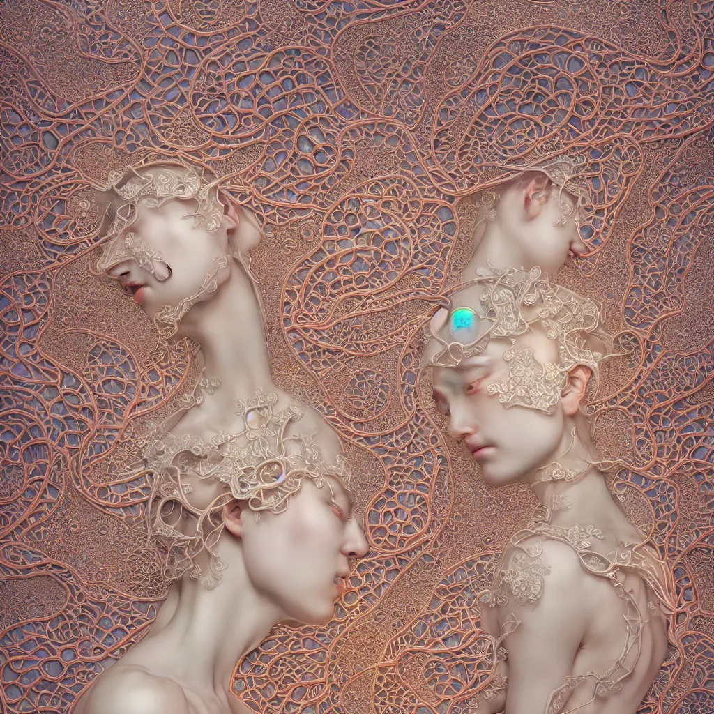 Image similar to a photo - real delicate iridescent ceramic porcelain sculpture of an ornate detailed symmetrical owel by victo ngai and takato yamamoto, symmetrical composition, backlit lighting, subsurface scattering, translucent, thin porcelain, octane renderer, colorful, physically based rendering, trending on cgsociety