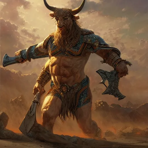 Image similar to huge smug minotaur wielding a greataxe, realistic art by donato giancola and greg rutkowski, digital art, trending on artstation