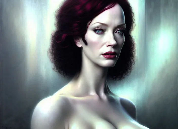 Image similar to portrait shot of christina hendricks in ghost in the shell, intricate, elegant, highly detailed, centered, digital painting, artstation, concept art, smooth, sharp focus, illustration, artgerm, tomasz alen kopera, peter mohrbacher, donato giancola, joseph christian leyendecker, wlop, boris vallejo