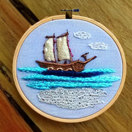 Image similar to a tiny beautiful handmade embroidery of a pirate ship on the ocean. hand embroidery.