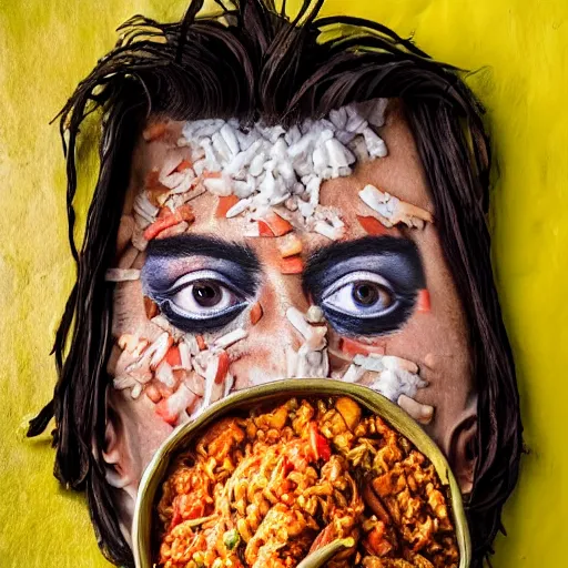 Image similar to johnny depp made out of jambalaya, a human face made out of a bowl of jambalaya, professional food photography