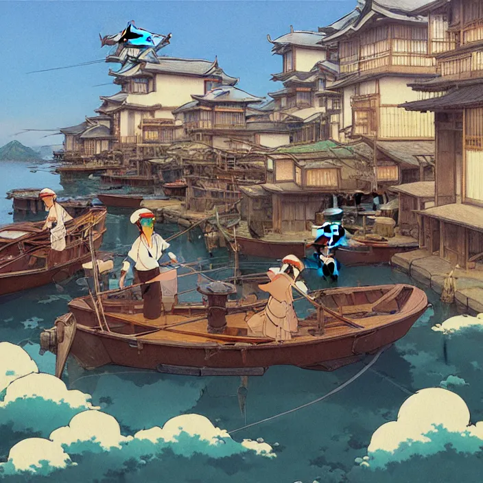 Image similar to japanese fishing village, spring, in the style of studio ghibli, j. c. leyendecker, greg rutkowski, artem