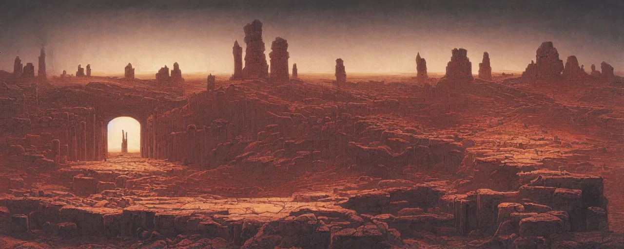 Image similar to ancient cities, castles, fortresses built by demigods aeons ago buried under time and sand on barren desert exoplanet illuminated by enormous red giant by James Gurney, by Caspar David Friedrich, by Zdiszslaw Beksinski and Alex Gray, hyperdetailed illustration with vivid palette