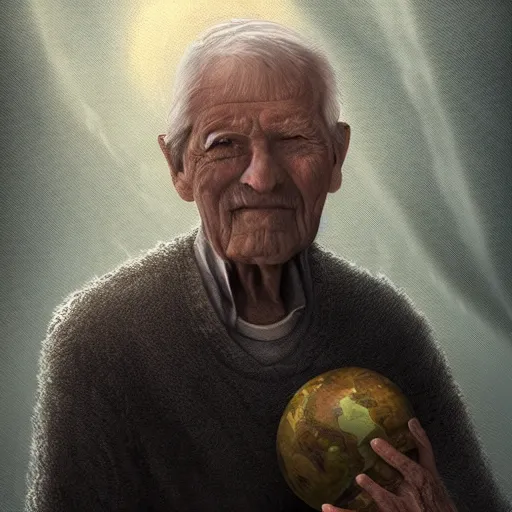 Prompt: portrait!! of an [ elderly man holding the earth in his hands ]! trending on artstation 4 k digital art cgsociety contest winner award winning intricate detailed gloomy lighting futuristic! portrait!!