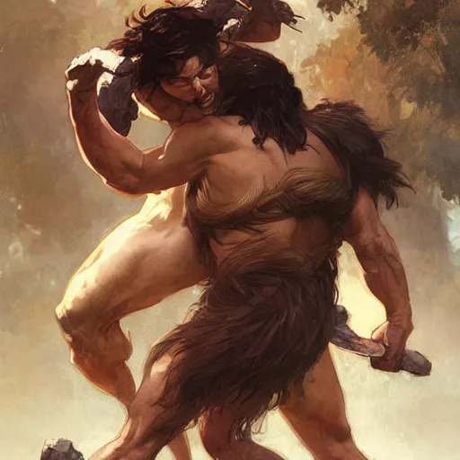 Prompt: Heracles strangling the Nemean Lion, digital painting, detailed, artstation, Krenz Cushart, Greg Rutkowski, Alphonse Mucha, Artgerm