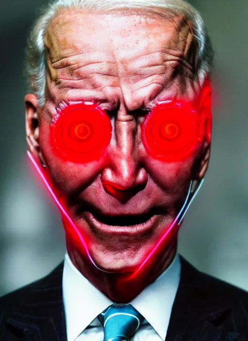 Image similar to hyper realistic ultra realistic cyborg photo Doom horror furious glowing red eyes biden