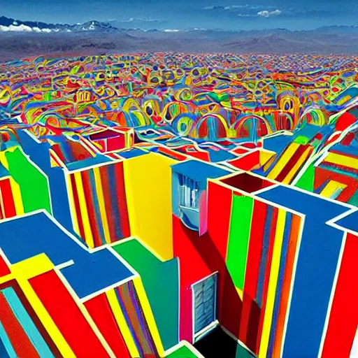 Image similar to freddy mamani, new andean architectire, hyper realism, city, colorfu, l postmodern, cyberpunk, el alto