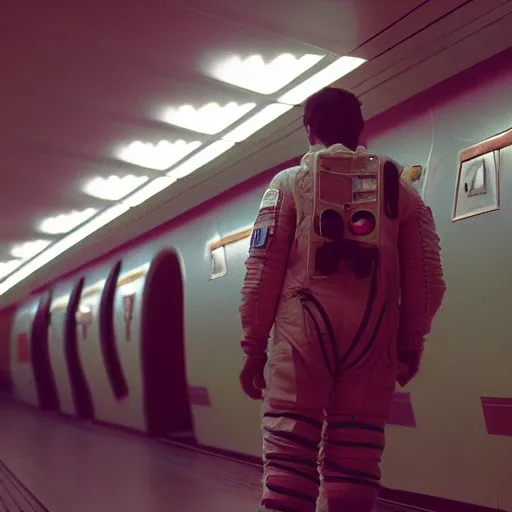 Image similar to a beautiful photo of an astronaut waiting in a subway station, 1970', soft light, morning light, photorealistic, realistic, octane, 8k, cinematic shot