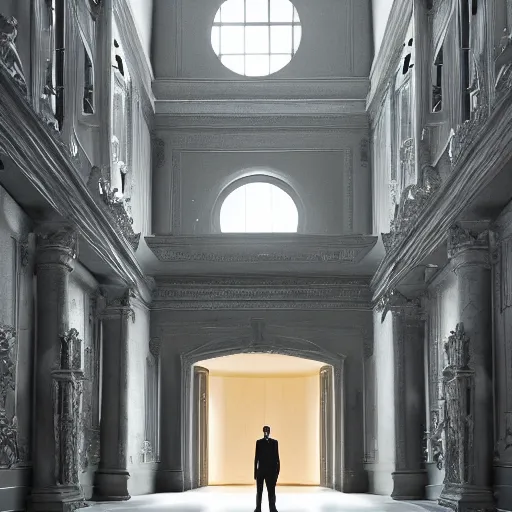 Image similar to Batman standing in giant Italian modern castle living room, clean minimalist design, that is 1300 feet tall, with very tall giant walls filled with modern art paintings, doors that are cosmic portals, photo by Annie Leibovitz