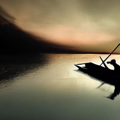 Image similar to wide angle, far view, light coming of a silhouette of a man that is rowing a little boat while its raining, digital art, but as a realistic photo