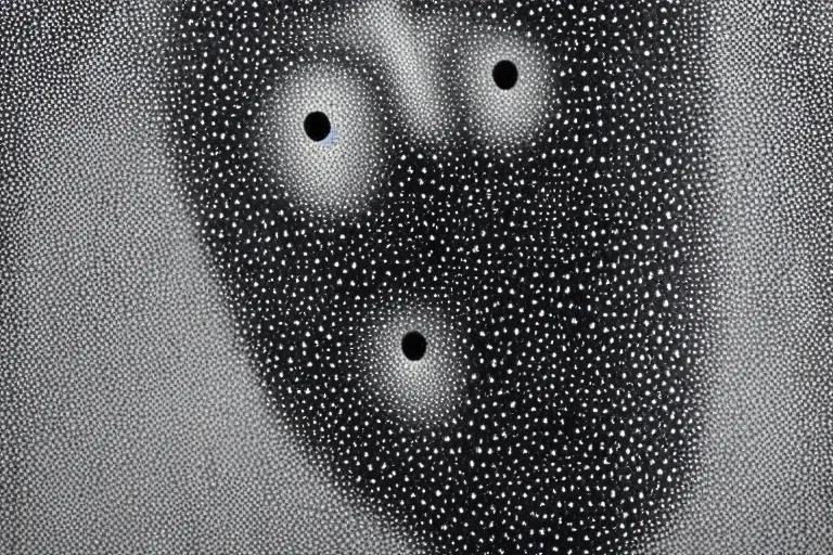 Prompt: face made out of mist, faceless people dark, dots, drip, stipple, pointillism, technical, abstract, minimal, style of francis bacon, asymmetry, pulled apart, cloak, hooded figure, made of dots, abstract, balaclava