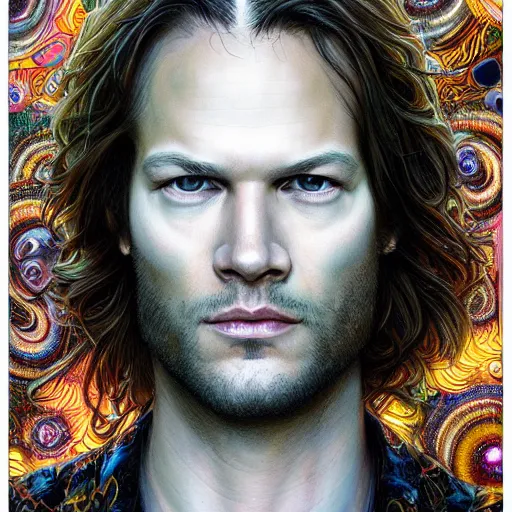 Image similar to portrait of jared padalecki, hyper detailed masterpiece, neon floral pattern, jean giraud, digital art painting, darkwave goth aesthetic, psychedelic, artgerm, donato giancola and tom bagshaw