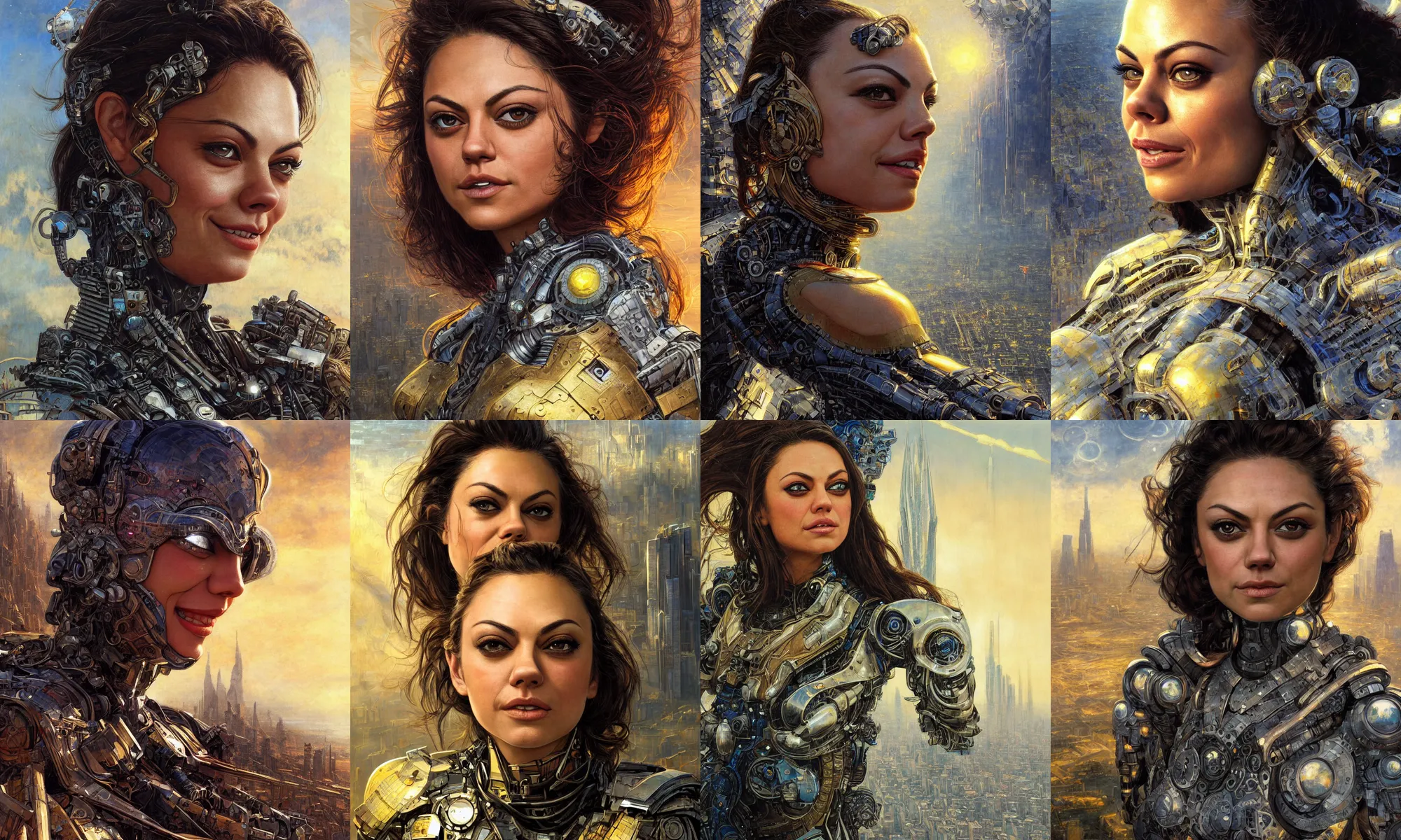 Image similar to close - up portrait of epic mila kunis smiling into camera, intricate cyborg armor, vista of futuristic city, windy, golden hour, wlop, by gerald brom, by mikhail vrubel, by peter elson, muted colors, extreme detail, trending on artstation