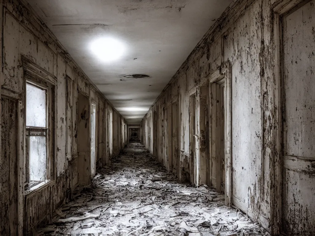 Image similar to a haunted asylum with long hallways, abandoned