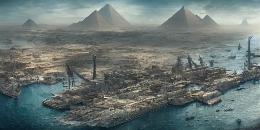 Image similar to beautiful matte painting of a egyptian city port by weta workshop 8 k, cinematic dramatic atmosphere, dramatic lighting