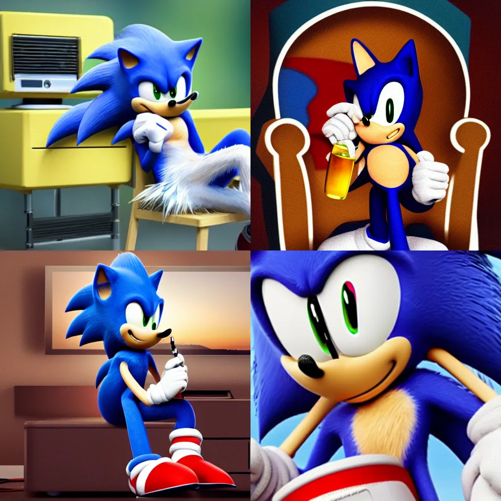 Prompt: sonic the hedgehog sitting in a chair smoking a cigarette drinking beer and watching TV, realistic, 8k