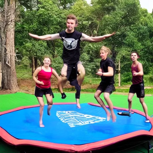 Prompt: “Spartans jumping on trampoline”