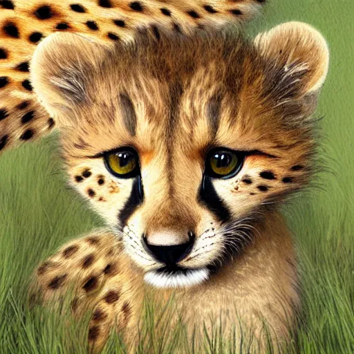 Image similar to cute fluffy hybrid animal cross between baby cheetah and lion with long mane sitting in african plains landscape detailed painting 4 k