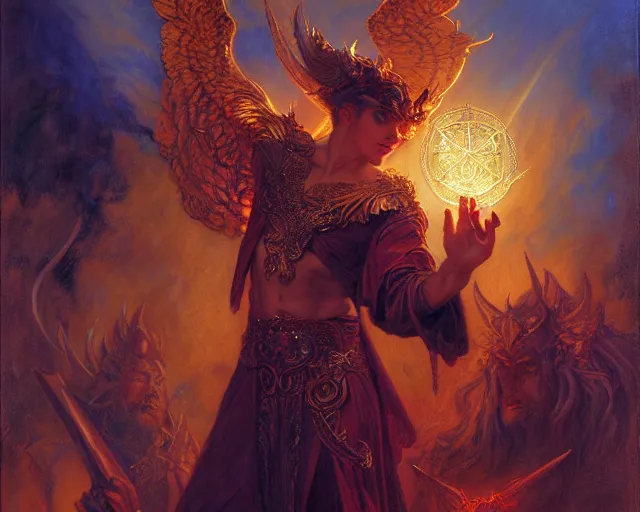 Image similar to attractive male deity, casting demonic magic, summoning handsome lucifer morning star. highly detailed painting by gaston bussiere, craig mullins, j. c. leyendecker 8 k