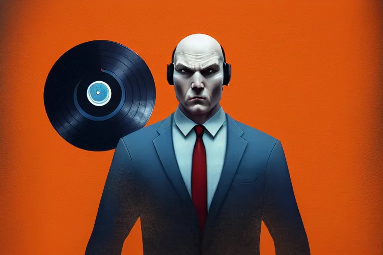 Image similar to an expressive portrait of agent 4 7 from hitman wearing headphones in front of a wall of vinyl records, dark background, blue rim light, digital art, artstation, art by giger stalenhag