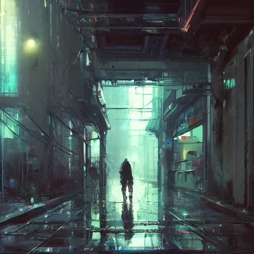 Image similar to doorway, empty sidewalk of a cyberpunk megacity, dramatic lighting, detailed background, gorgeous view, realistic, high detail, depth of field, lightrays, atmospheric, digital art, painted by jeremy mann, trending on artstation