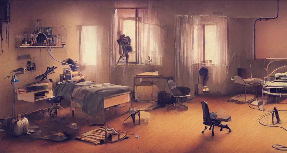 Image similar to IKEA catalogue photo, cyberpunk teenager bedroom, drones and robots, by Beksiński