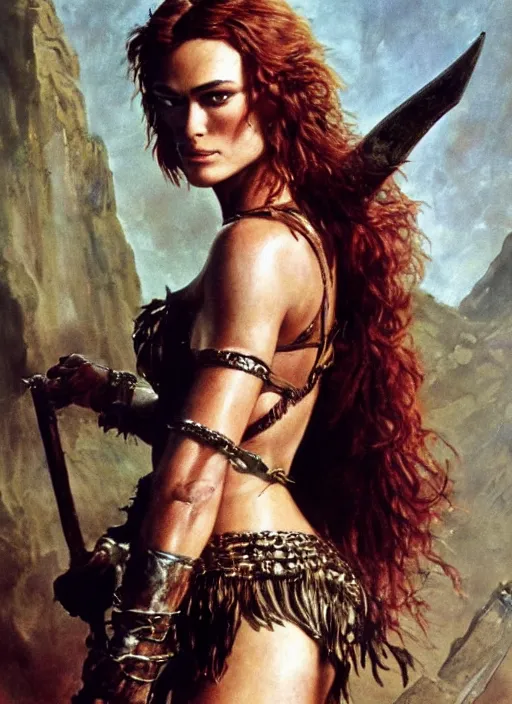 Image similar to Portrait of Keira Knightley as Red Sonja, painted by Frank Frazetta, highly detailed, 8k