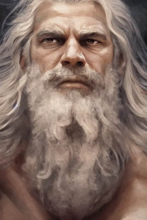 Prompt: painted portrait of rugged zeus, god of thunder, greek god, white hair, masculine, mature, handsome, torso, upper body, muscular, hairy chest, fantasy, intricate, elegant, highly detailed face, digital painting, artstation, concept art, smooth, sharp focus, illustration, art by gaston bussiere and greg rutkowski