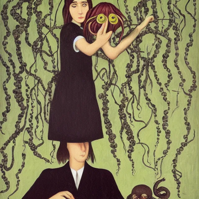 Prompt: tall emo girl artist holding an octopus, in a flooded art gallery, books, small portraits, gourds, berries, vines, pigs, acrylic on canvas, surrealist, by magritte and monet