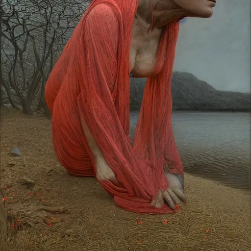 Image similar to portrait, shore of the lake, woman, wrapped around by veins, various clothes, glowing red, by edgar maxence and ross tran, zdzisław beksinski, and michael whelan, distant, gustav dore, h. r. giger, 8 k, octane render