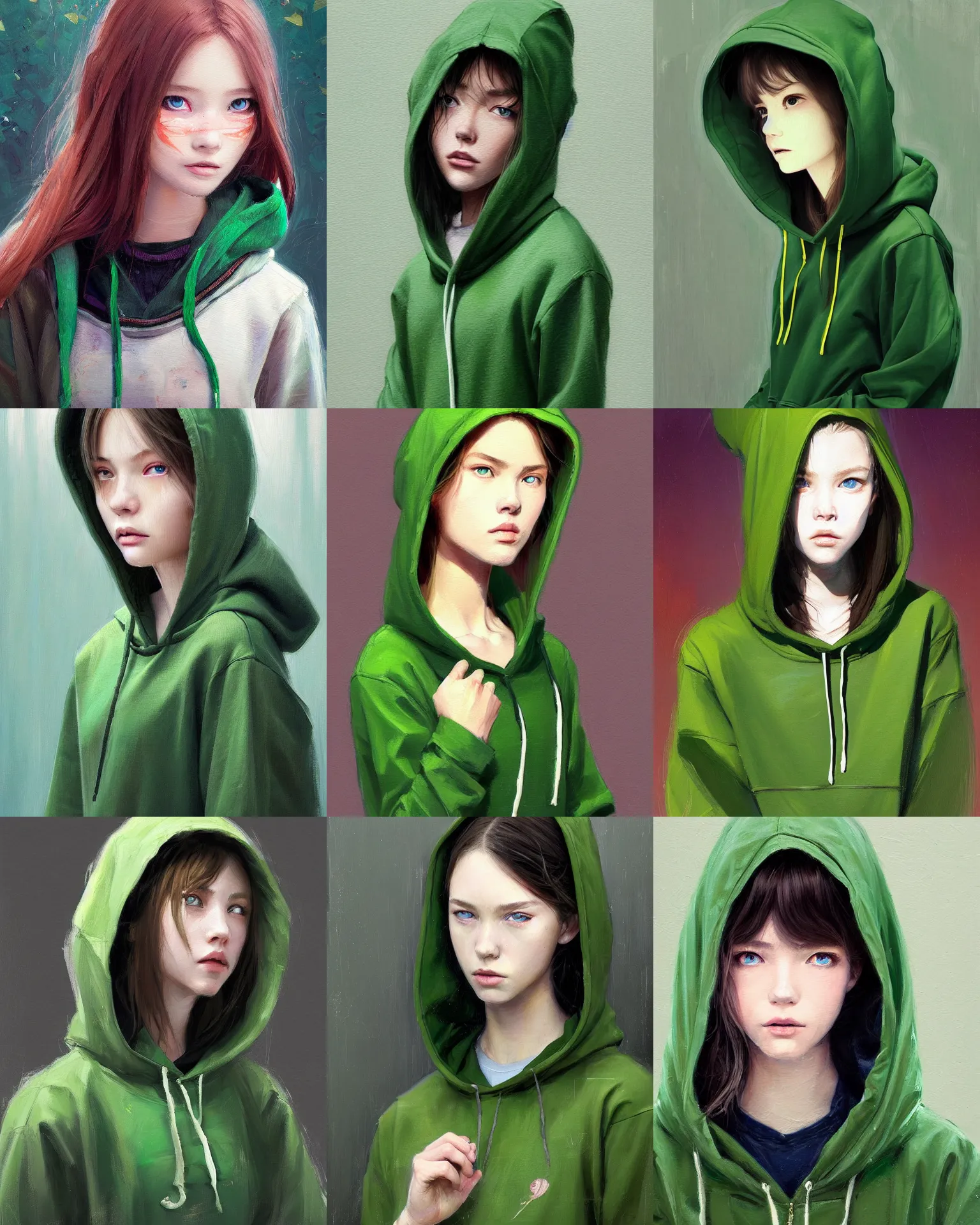 Image similar to a painting of a fully dressed girl wearing a hoodie upper body with beautiful green eyes, highly detailed, digital painting, artstation, sharp focus, dreamy illustration, art by katsuhiro otomo ghost - in - the - shell, artgerm, jeremy lipkin and giuseppe dangelico pino and michael garmash and rob rey