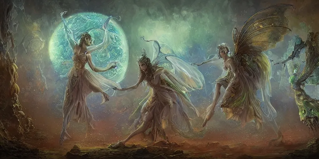 Image similar to concept art of translucent glowing fairies dancing, lovecraftian, renaissance, melting, round moon, rich clouds, fighting the horrors of the unknown, very detailed, volumetric light, mist, fine art, decaying, textured oil over canvas, epic fantasy art, very colorful, ornate intricate scales