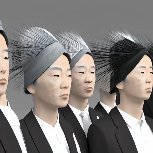 Image similar to japanese salaryman with extremely elegant headdress with group of elders in a ceremony for plant medicine, beautiful, marvelous designer, cloth physics, mocap, deviantart, masamune shirow, black and white, beautiful lighting, photorealistic, concept art, perfect render, 3 d render, unreal engine, 8 k