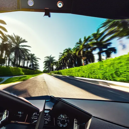 Prompt: first person lamborghini view at a sunny day in florida realistic match the lighting