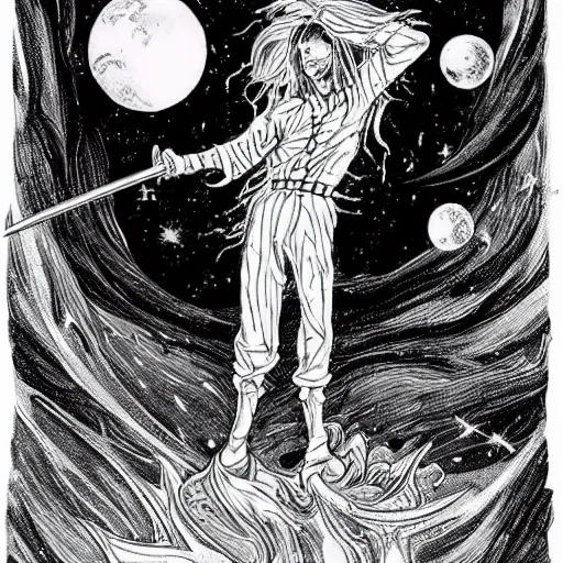 Prompt: black and white pen and ink!!!!!!! Tim Burton designed Ryan Gosling wearing cosmic space robes made of stars final form flowing royal hair golden!!!! Vagabond!!!!!!!! floating magic swordsman!!!! glides through a beautiful!!!!!!! Camellia flower battlefield dramatic esoteric!!!!!! Long hair flowing dancing illustrated in high detail!!!!!!!! by Moebius and Hiroya Oku!!!!!!!!! graphic novel published on 2049 award winning!!!! full body portrait!!!!! action exposition manga panel black and white Shonen Jump issue by David Lynch eraserhead and beautiful line art Hirohiko Araki!! Rossetti, Millais, Mucha, Jojo's Bizzare Adventure