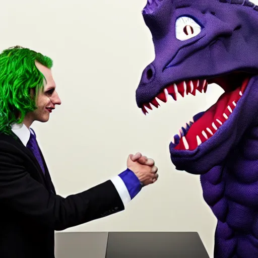 Prompt: The Joker shaking hands with an anthropomorphic dinosaur who is wearing a suit in an office, 8k, detailed,