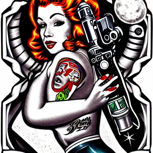 Image similar to photorealistic old school, traditional style tattoo sketch of most beautiful redhead pinup girl, full body portrait in space holding a lazer pistol and sitting on a rocket drawn by sailor jerry, vic james, electric martina, heath clifford, kimi vera